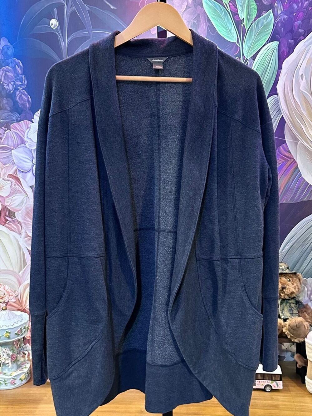Eddie Bauer L Long Cardigan Charcoal Open Front Hooded Sweater Jacket Pockets